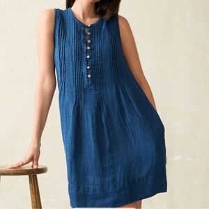 Faherty Isha Blue Linen Sleeveless Mini Dress Pockets Loose Fit Large